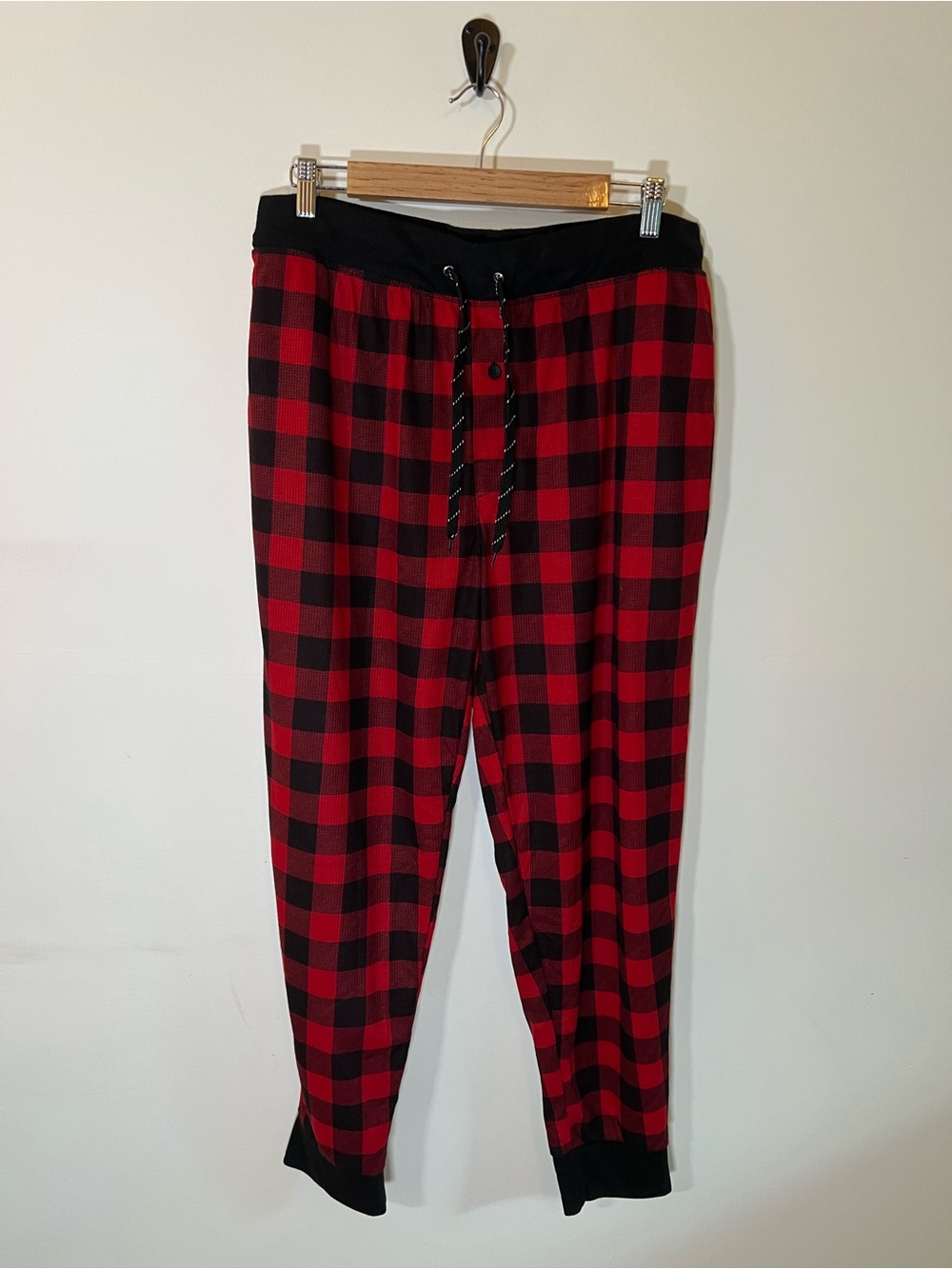 Fruit of the Loom Mens L Buffalo Plaid Fleece Pajama Jogger Pants Red Black